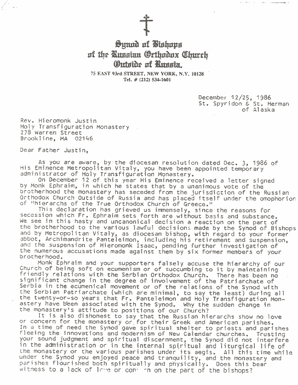 Letter to Hieromonk Justin - Page 1